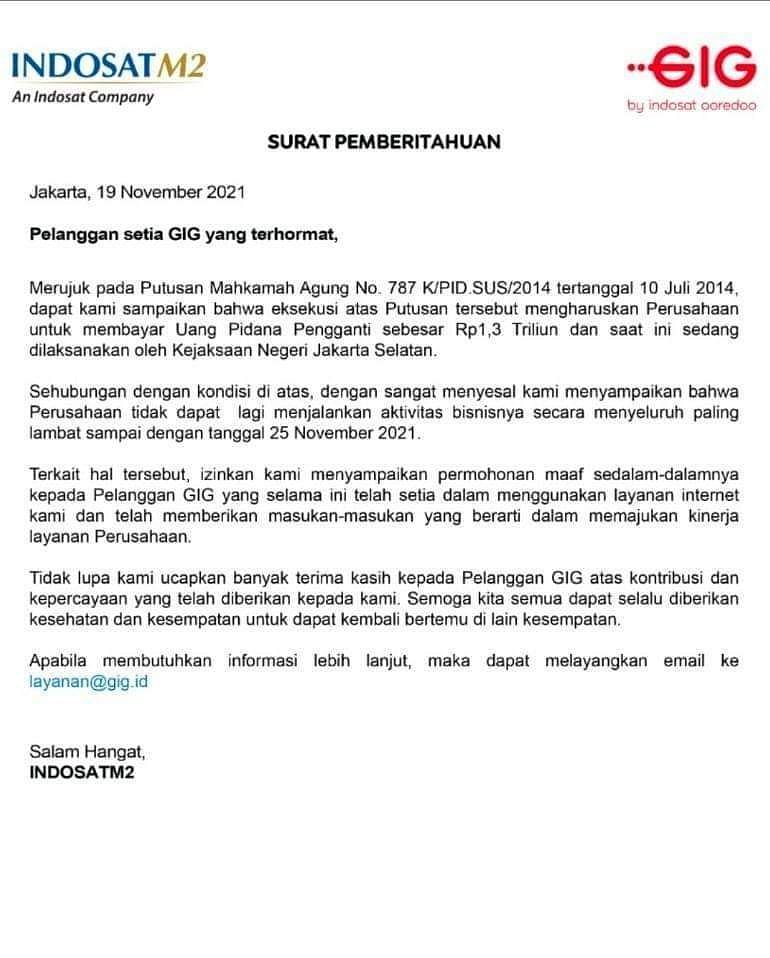 Layanan Internet GIG Indosat M2 Berhenti Beroperasi Mulai 25 November 2021 1 Surat Pemberitahuan GIG Indosat M2